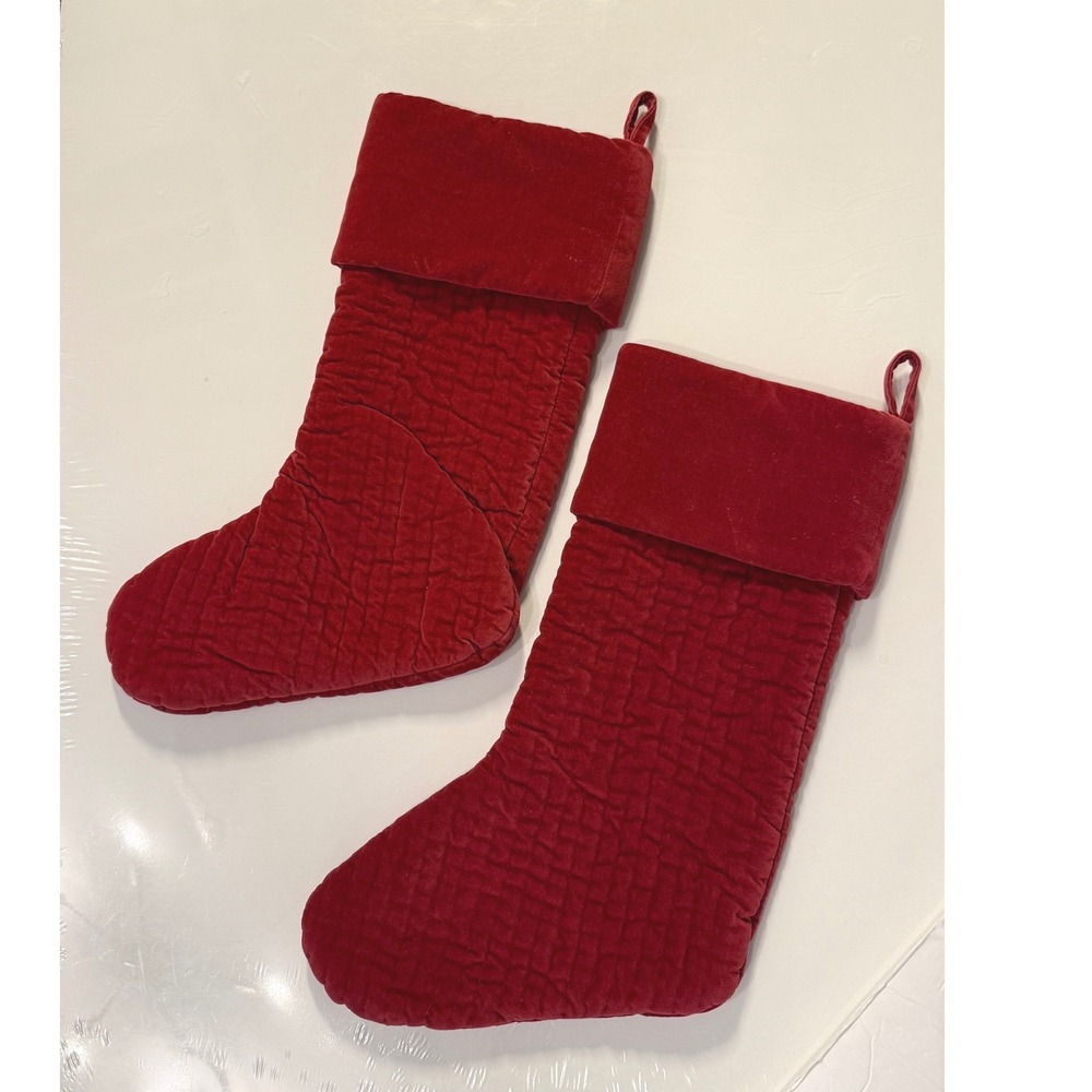 Pottery Barn Red Quilted Velvet Christmas Stockings Set of 2 Holiday Decor